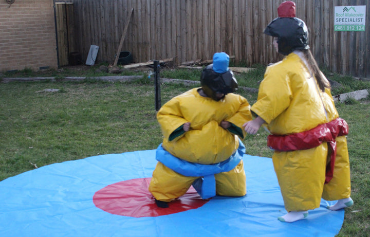 Two PVC and Fabric Kids Sumo Suits with Helmets Gloves w/ 291cm Mat