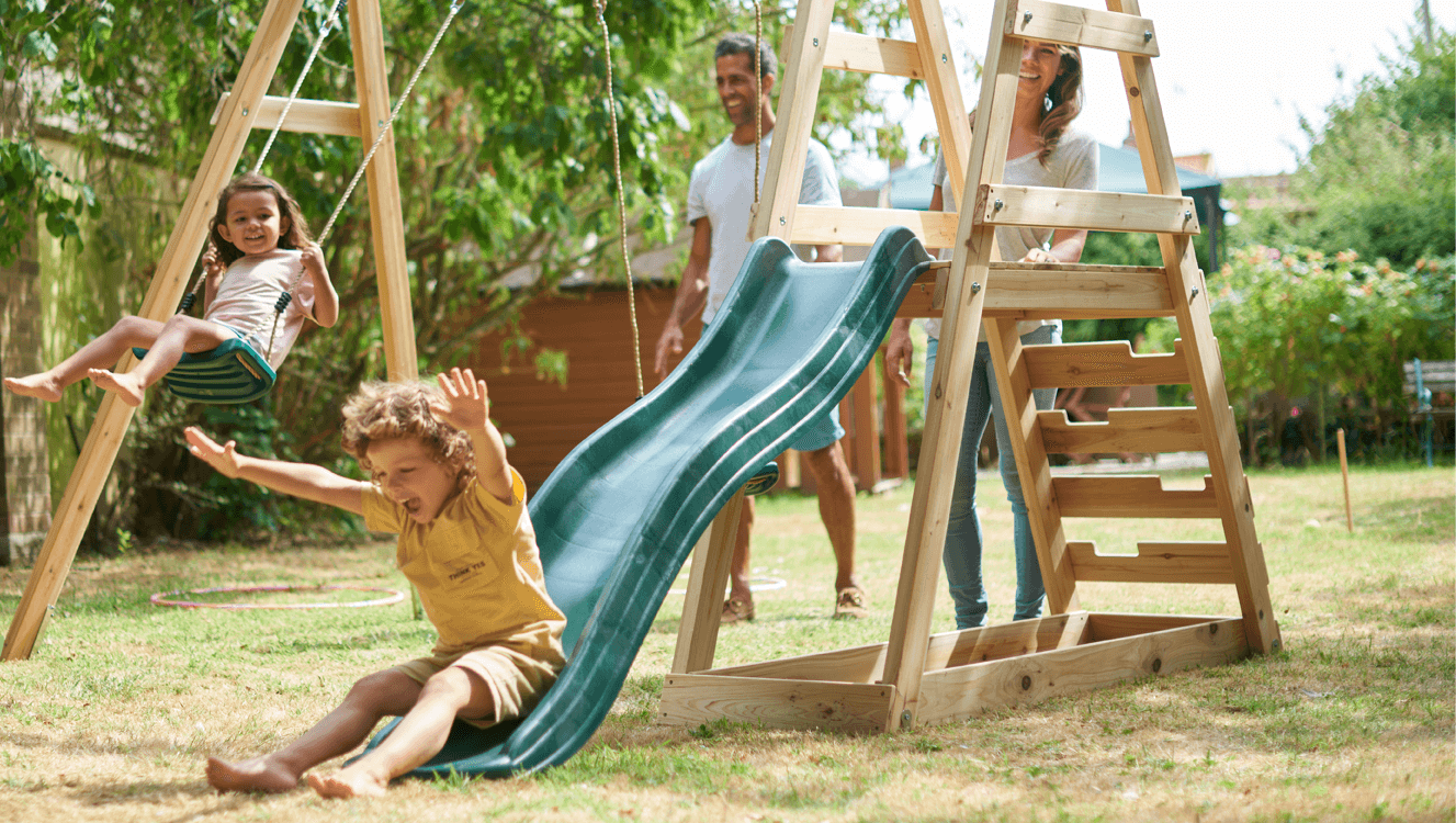 Wooden Swings and climbing frame for backyard garden with belt swing, slide and climbing for kids in toddler and primary school age