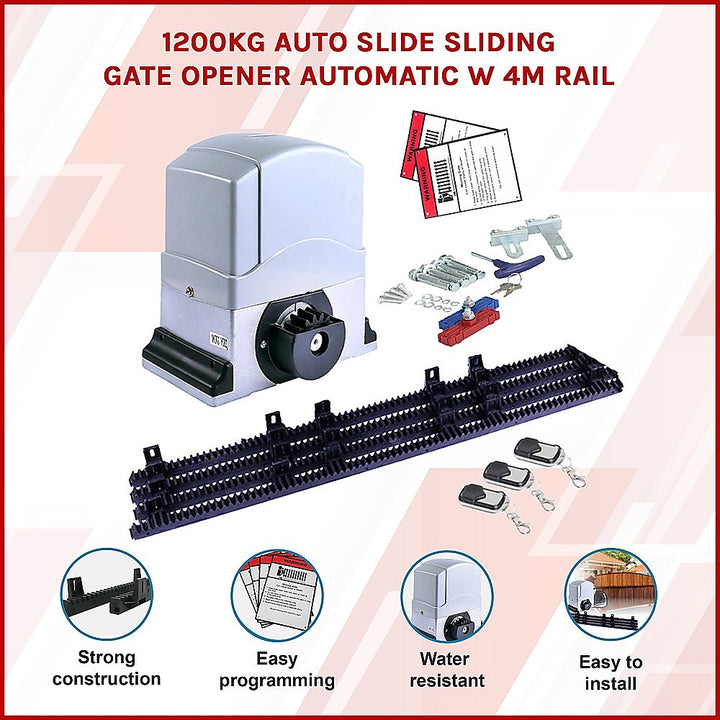 1200KG Automatic Sliding Gate Opener Kit with 4m Rail & Remotes