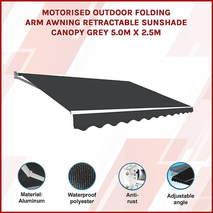 5.0m x 2.5m Outdoor Folding Arm Awning / Retractable Sunshade - Grey (Motorised)