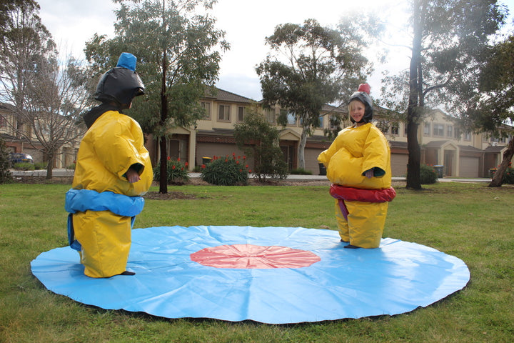 Two PVC and Fabric Kids Sumo Suits with Helmets Gloves w/ 291cm Mat