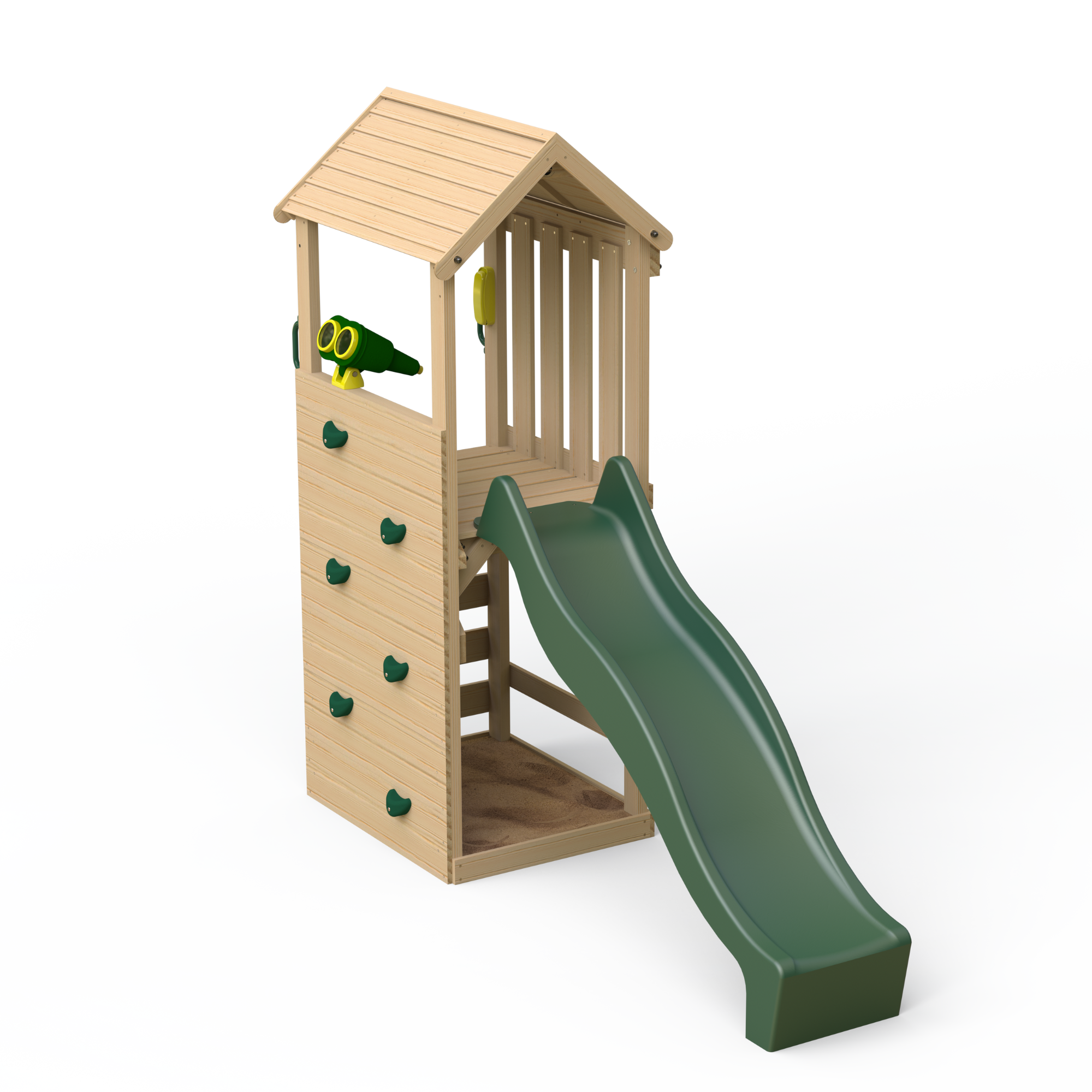 Wooden lookout playhouse with top slide
