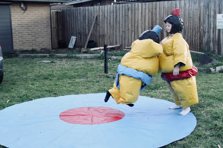 Two PVC and Fabric Kids Sumo Suits with Helmets Gloves w/ 291cm Mat
