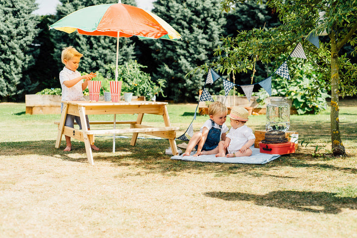 Plum Picnic Table with Coloured Umbrella