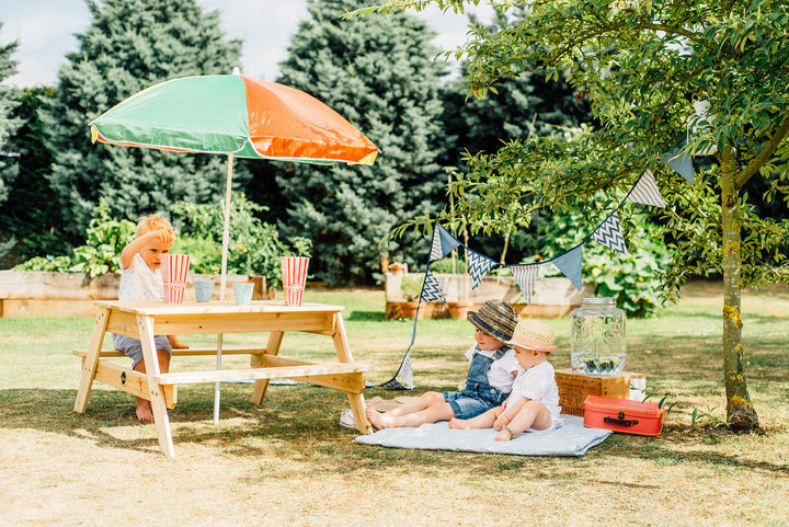 Plum Picnic Table with Coloured Umbrella