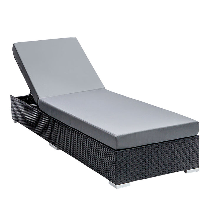 Gardeon Sun Lounge - Wicker Base with Grey Cushion - Adjustable (includes covers)