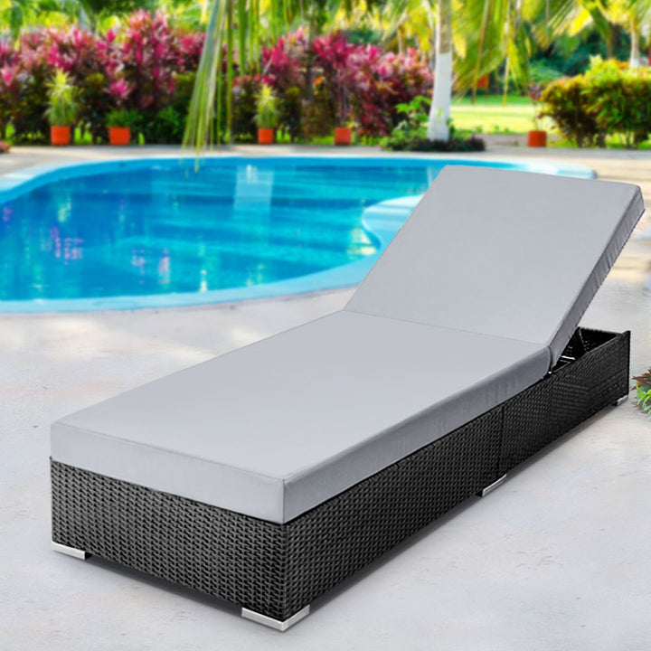 Gardeon Sun Lounge - Wicker Base with Grey Cushion - Adjustable (includes covers)