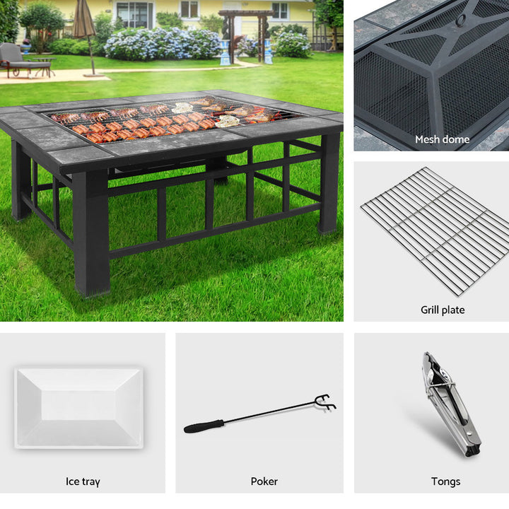 Fire Pit / BBQ / Grill with Mesh Lid - Multifunctional Design - Steel Frame