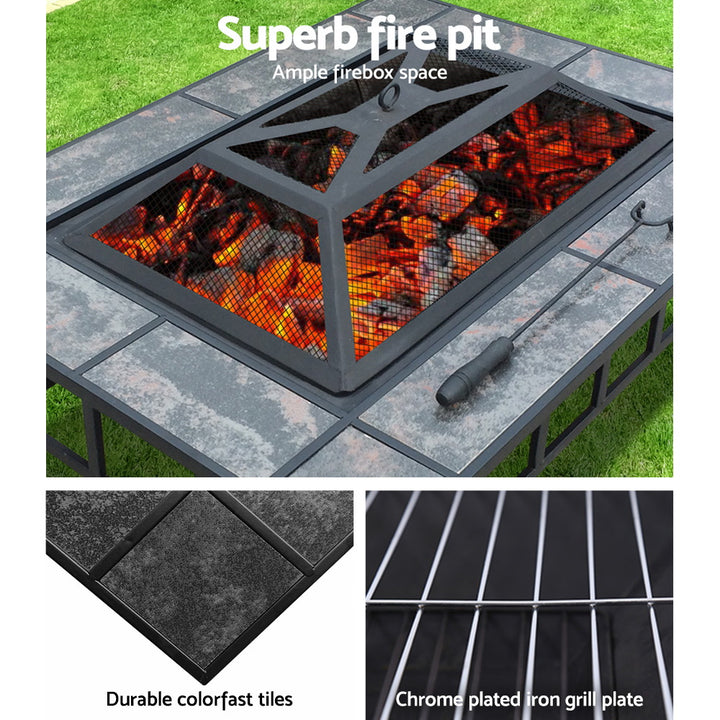 Fire Pit / BBQ / Grill with Mesh Lid - Multifunctional Design - Steel Frame