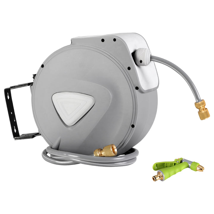30M Retractable Hose Reel with Brass Spray Gun & Auto Rewind
