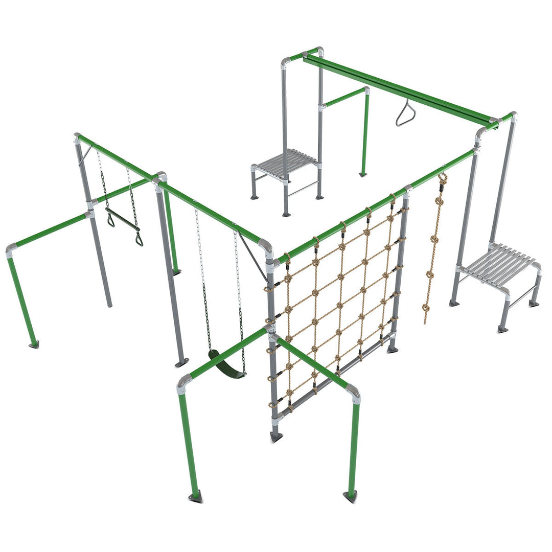 jungle gym with swings and climbing net for backyard play