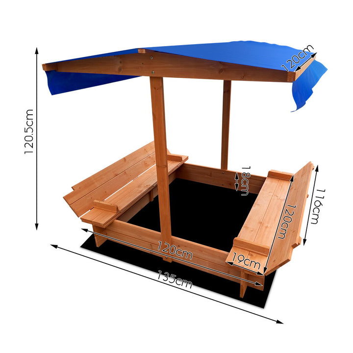 Wooden Canopy Sandpit with Bench Seat Set - Natural Wood
