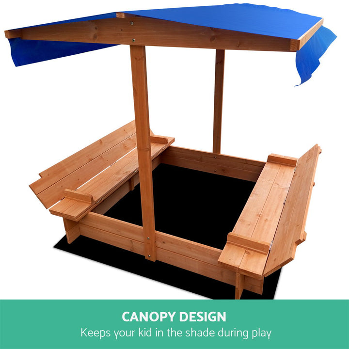 Wooden Canopy Sandpit with Bench Seat Set - Natural Wood