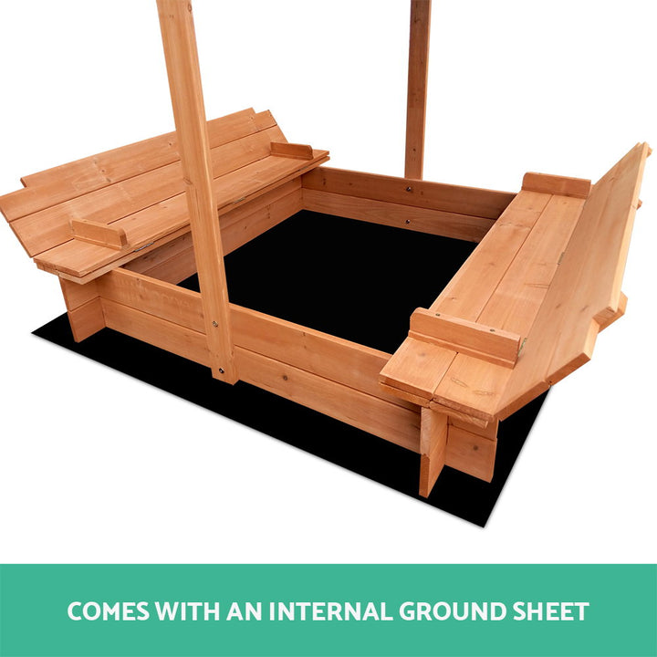 Wooden Canopy Sandpit with Bench Seat Set - Natural Wood
