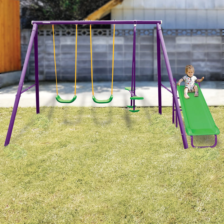 Kahuna Kids 4-Seater Swing Set with Slide (Purple / Green)