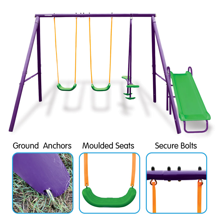 Kahuna Kids 4-Seater Swing Set with Slide (Purple / Green)