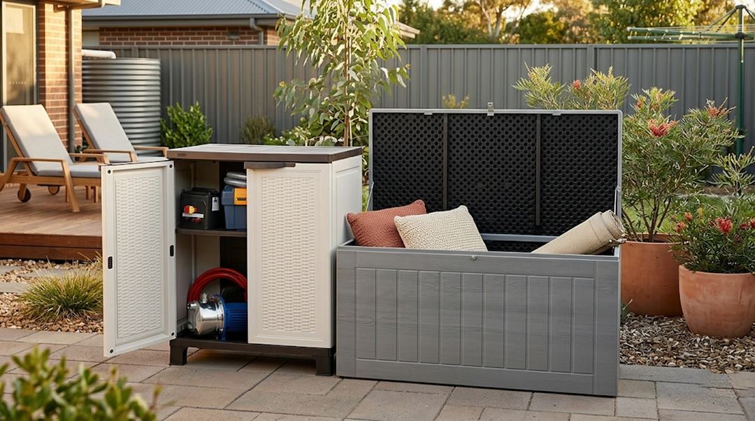 Lifestyle shot of two outdoor storage units in a backyard