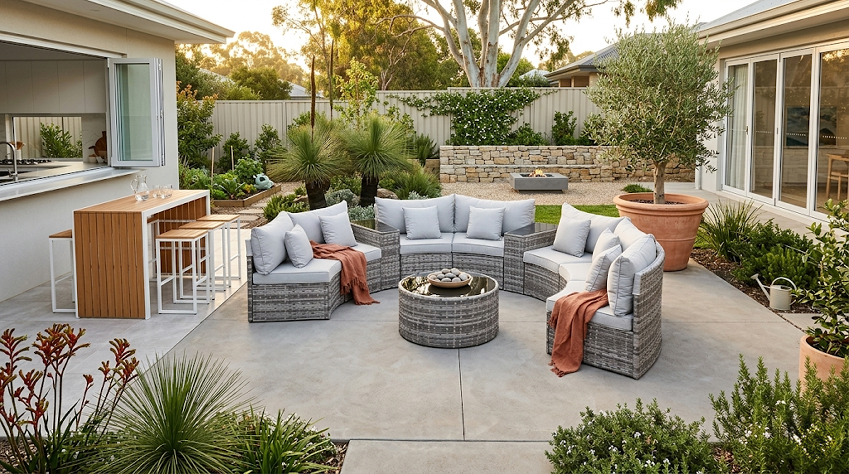 Outdoor Lounge Set and Bar with Stools