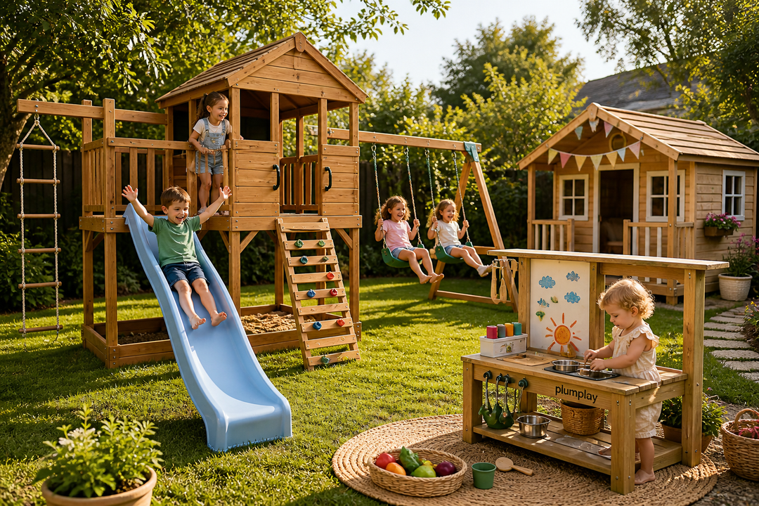 Children of different ages enjoying a sunny backyard with a timber playset, cubby house, swings, slide and mud kitchen.