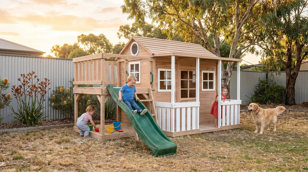 Kids playing on a cubby house