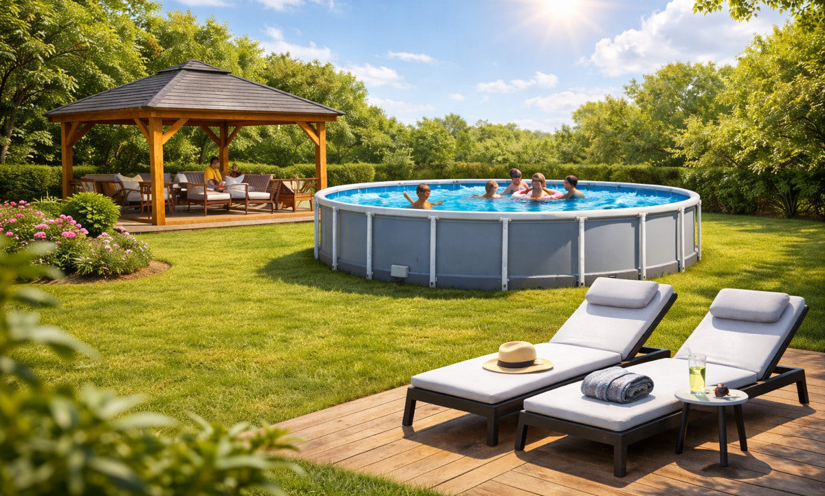 sunny backyard with pool, gazebo & shade