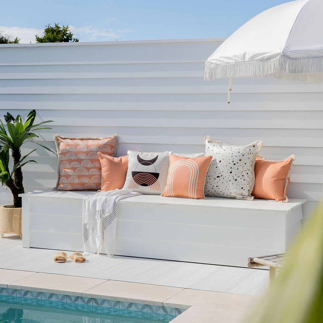 Outdoor cushions in solid and patterns in neutral palette cushi The cushion style are tropical cushions, coastal cushions, boho cushions and neutral.