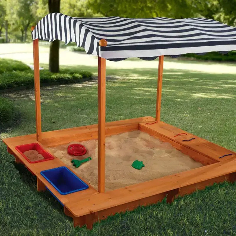 Outdoor Sandbox with Navy & White Stripes Canopy