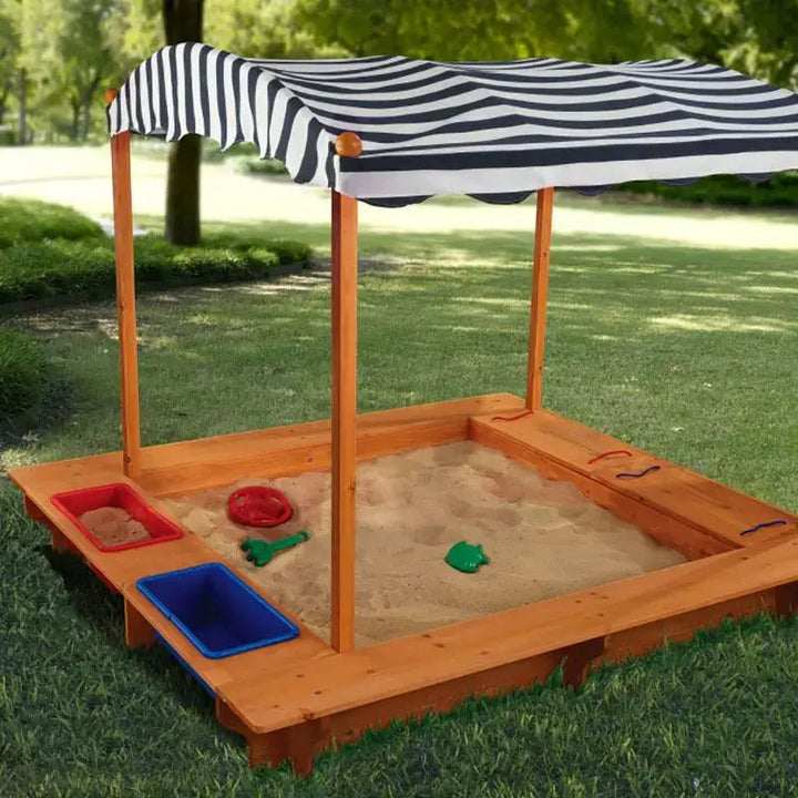 Outdoor Sandbox with Navy & White Stripes Canopy