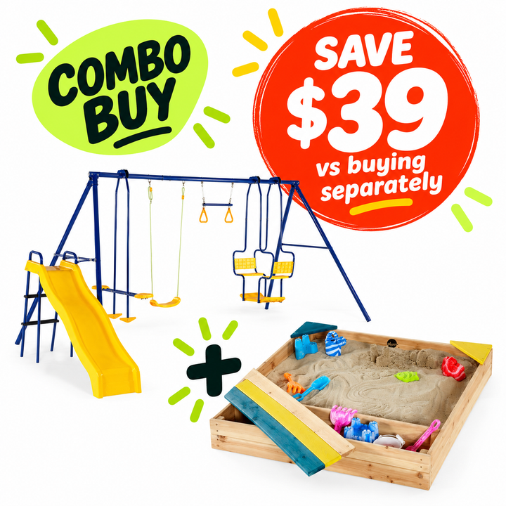 Plum® 5 Unit Swings Set & Slide + Store-it Wooden Sand Pit Bundle