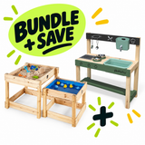 Plum® Sandy Bay Wooden Play Tables + Grubby Griddle Mud Pie Kitchen Bundle
