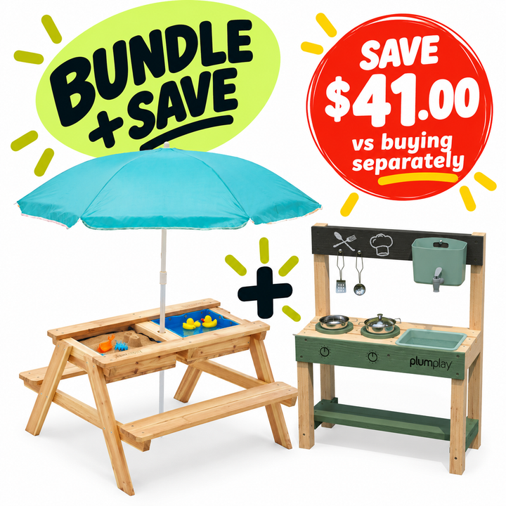 Plum® Surfside Sand & Water Table + Puddle & Pie Outdoor Kitchen Bundle