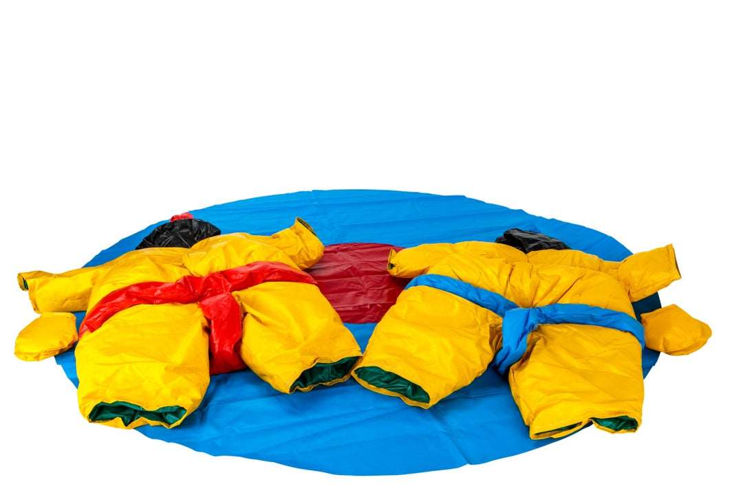 Two PVC and Fabric Adult Sumo Suits with Helmets Gloves w/ 291cm Mat