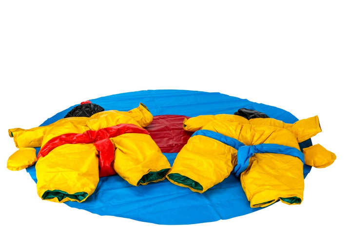 Two PVC and Fabric Adult Sumo Suits with Helmets Gloves w/ 291cm Mat
