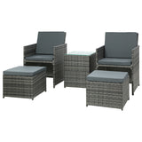 Gardeon 5pc Bistro Set - Wicker Table, Chairs & Ottoman - Grey