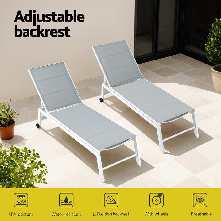 Gardeon Sun Lounger - Adjustable -  White Aluminium Frame