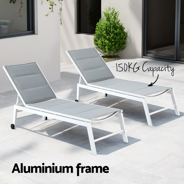 Gardeon Sun Lounger - Adjustable -  White Aluminium Frame