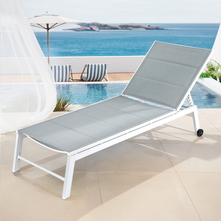 Gardeon Sun Lounger - Adjustable -  White Aluminium Frame
