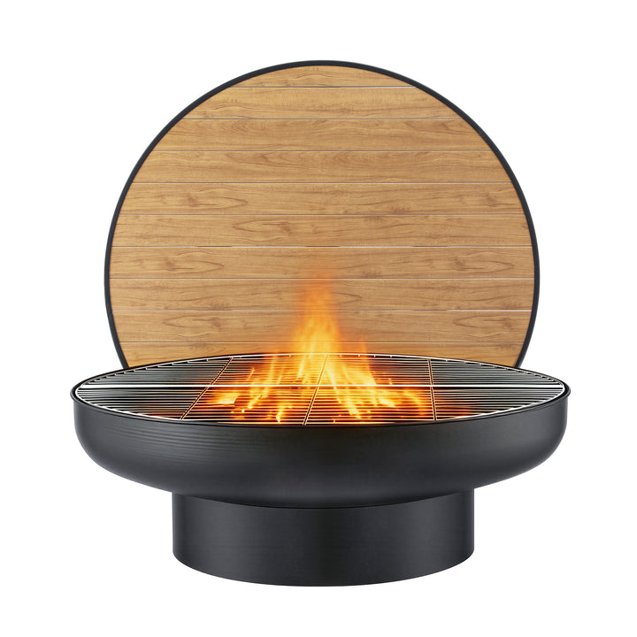 Grillz Fire Pit Table with Lid Deep Fire Bowl Wood Burning BBQ Grill for Backyard Camping Patio Picnic