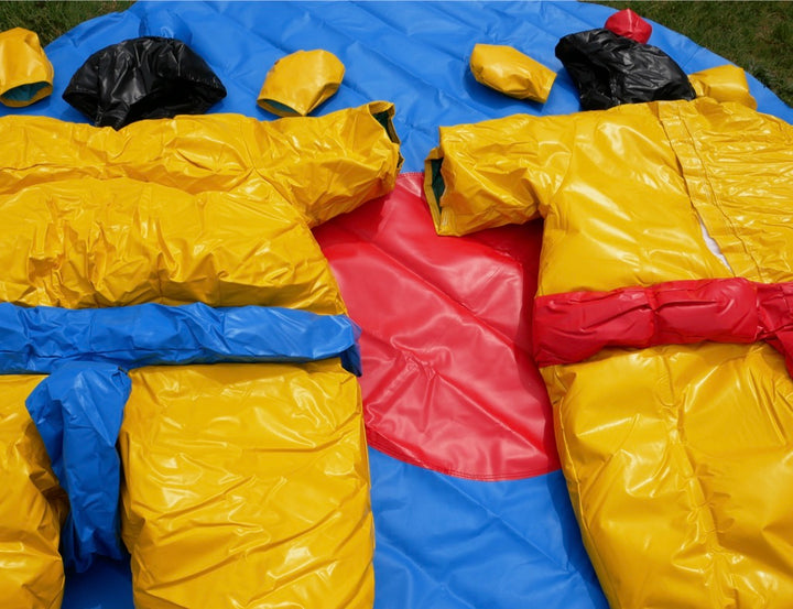 Two PVC and Fabric Adult Sumo Suits with Helmets Gloves w/ 291cm Mat