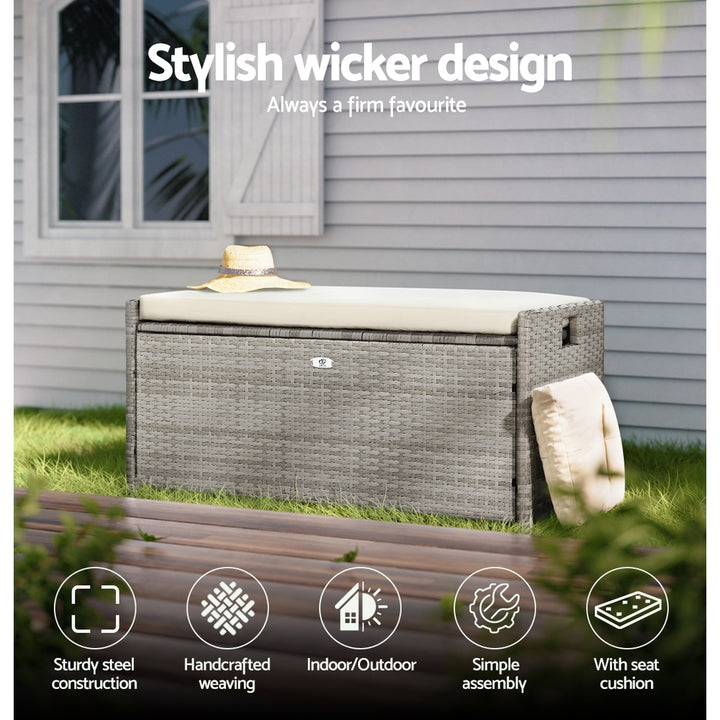Gardeon Outdoor Storage Bench / Box - Wicker with Cushion - Grey