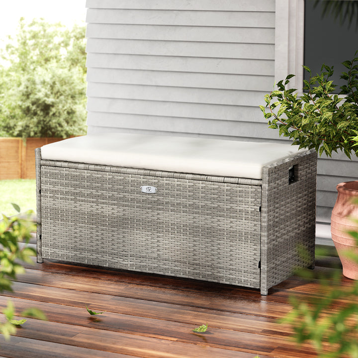 Gardeon Outdoor Storage Bench / Box - Wicker with Cushion - Grey