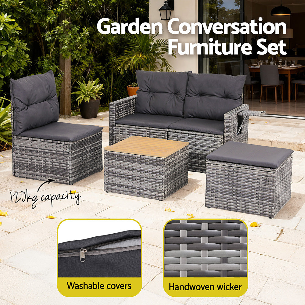 Gardeon 5pc Outdoor Sofa Set with 4-Seater Grey Rattan Patio