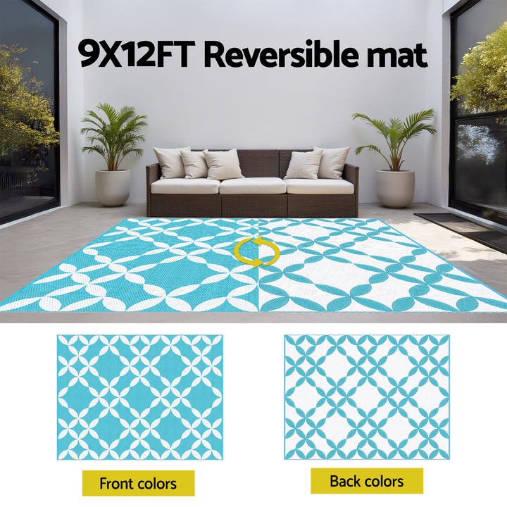 Gardeon Outdoor Rugs 274x366cm Large Carpet Reversible Area Mat PP Dual-Sided Patio Rug Light Blue