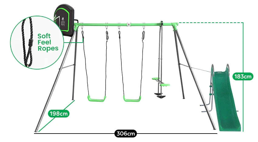 Hurley 2 Metal Swing Set with Slippery Slide & Hoop