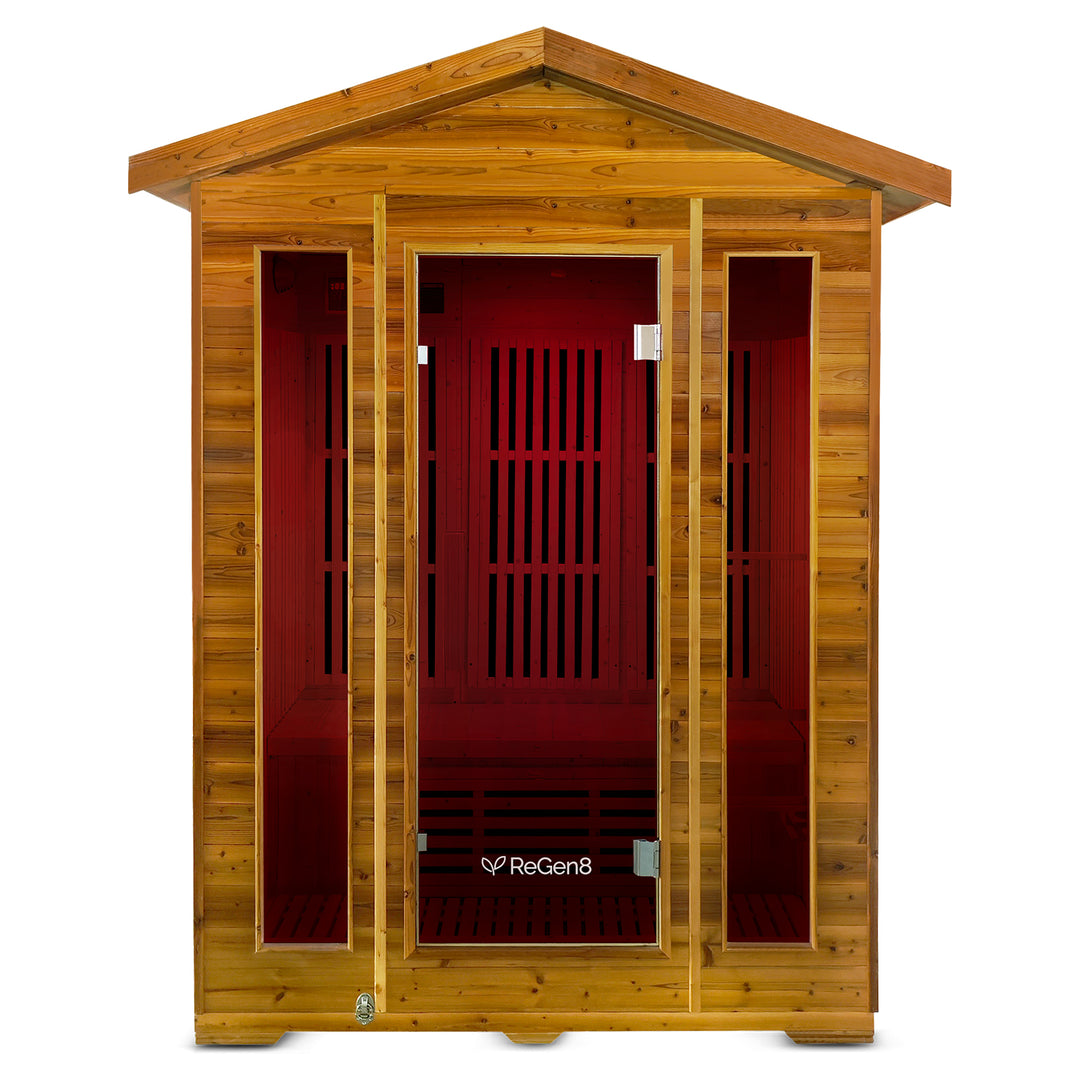A ReGen8 wooden infrared sauna with a warm honey-toned wood exterior and a deep red interior, shown against a solid white background.
