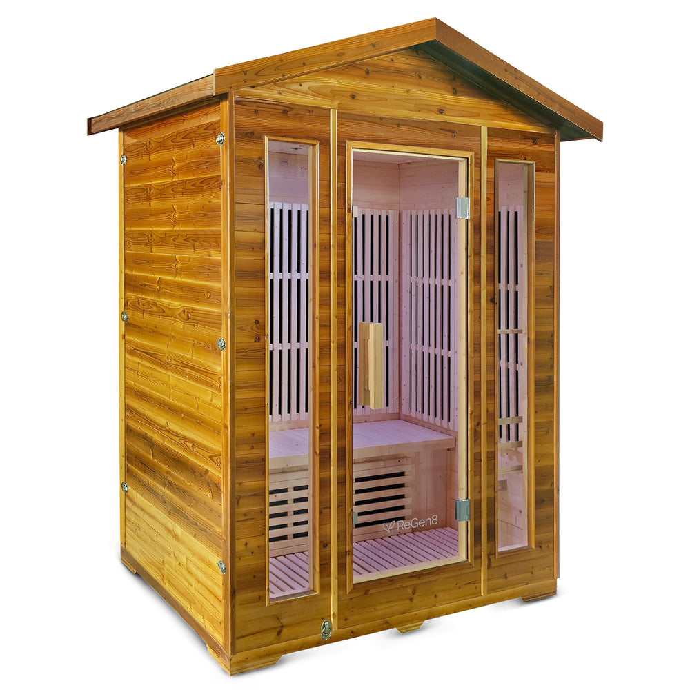 A wooden outdoor sauna cabin with a gabled roof, glass doors, visible interior wooden benches, and metal hinges, shown on a plain white background.