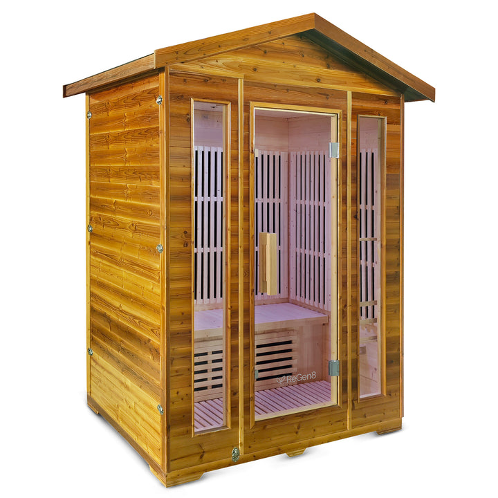 A wooden outdoor sauna cabin with a gabled roof, glass doors, visible interior wooden benches, and metal hinges, shown on a plain white background.