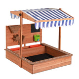 Wooden Sandpit with Adjustable Canopy - Includes Water Play Area / Toys