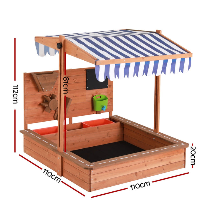 Wooden Sandpit with Adjustable Canopy - Includes Water Play Area / Toys