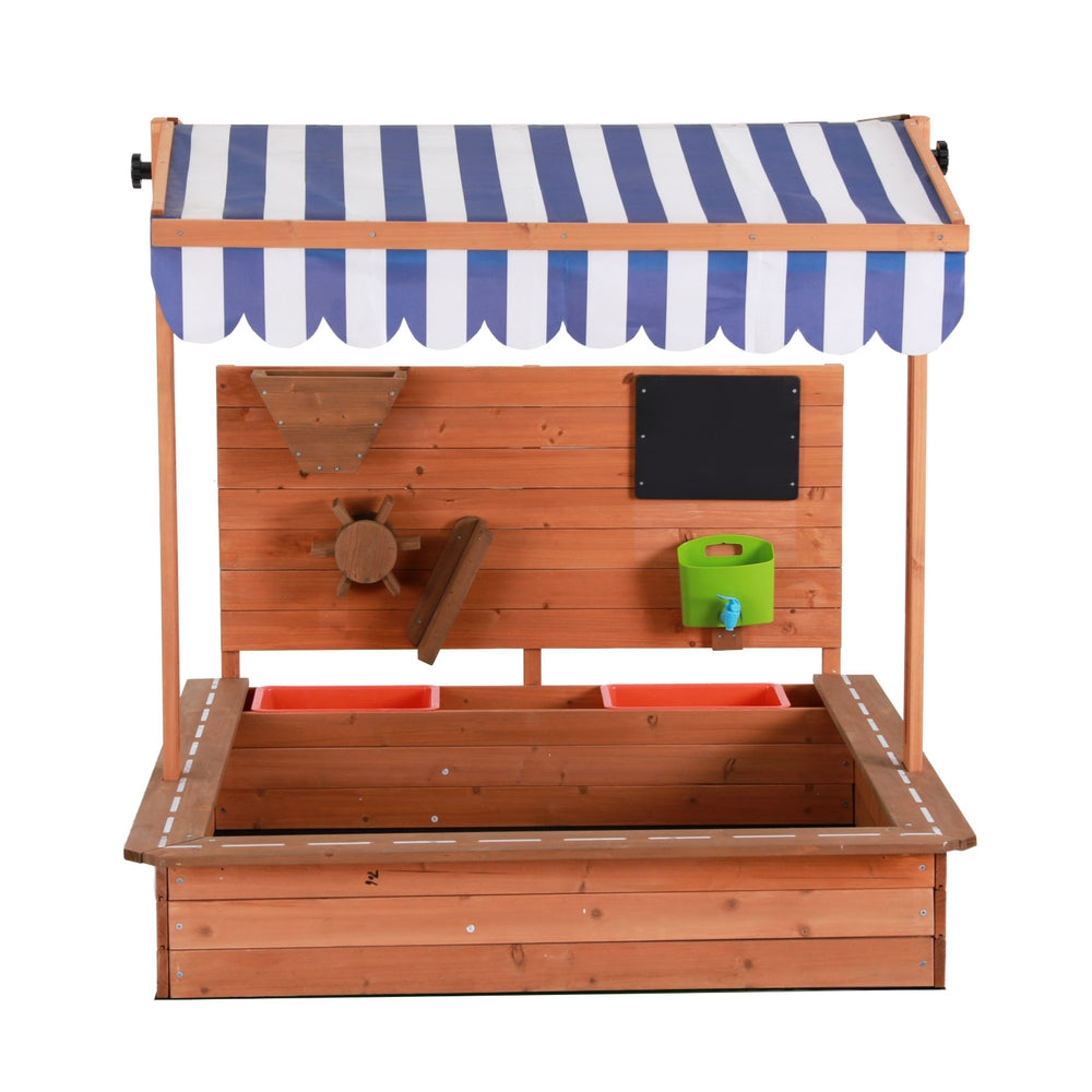 Wooden Sandpit with Adjustable Canopy - Includes Water Play Area / Toys